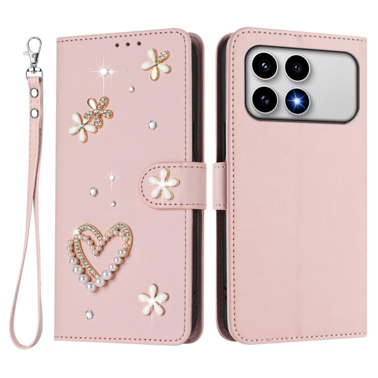 For Xiaomi Poco F8 Pro 5G / Redmi K90 ZS01 Double-Layer Heart Floral Vegan Leather Phone Case with Wrist Strap
