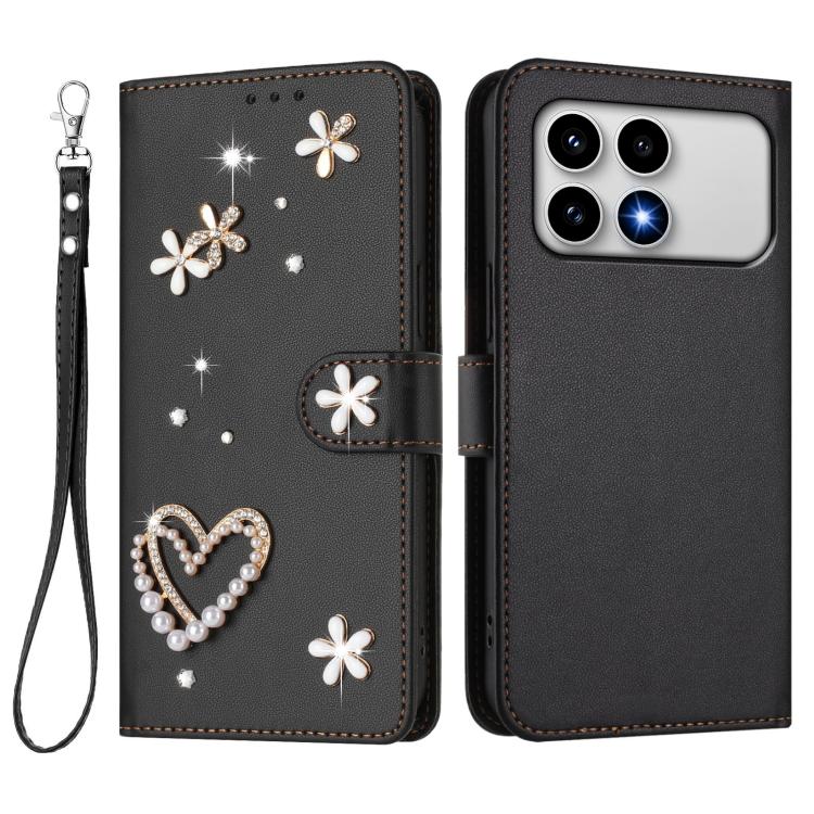 For Xiaomi Poco F8 Pro 5G / Redmi K90 ZS01 Double-Layer Heart Floral Vegan Leather Phone Case with Wrist Strap