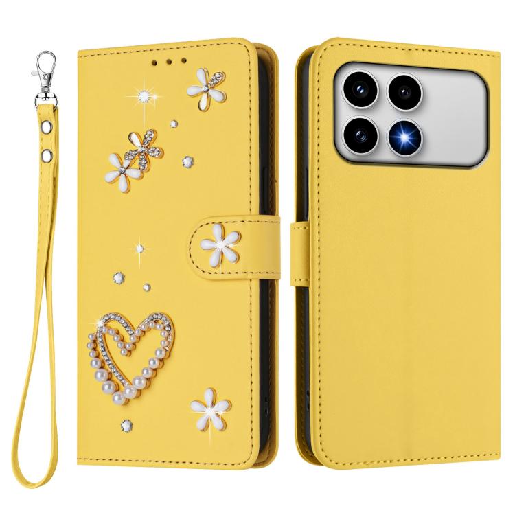 For Xiaomi Poco F8 Pro 5G / Redmi K90 ZS01 Double-Layer Heart Floral Vegan Leather Phone Case with Wrist Strap