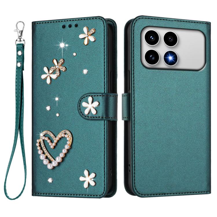 For Xiaomi Poco F8 Pro 5G / Redmi K90 ZS01 Double-Layer Heart Floral Vegan Leather Phone Case with Wrist Strap