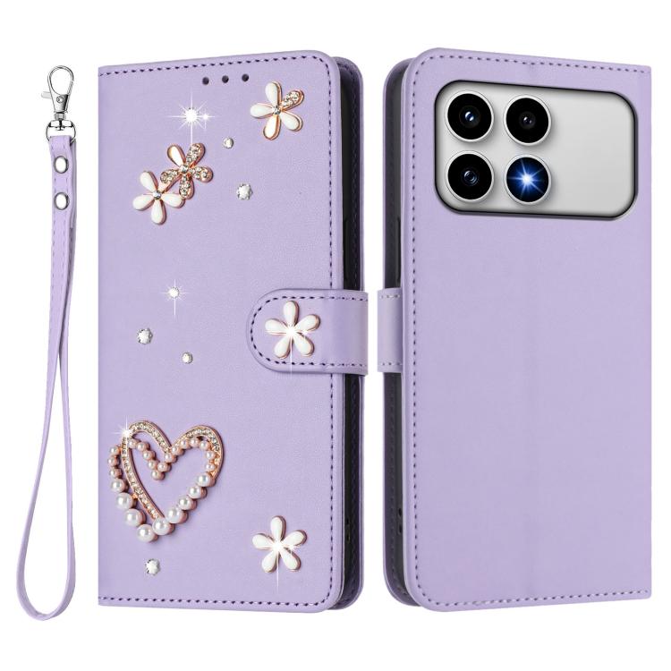 For Xiaomi Poco F8 Pro 5G / Redmi K90 ZS01 Double-Layer Heart Floral Vegan Leather Phone Case with Wrist Strap