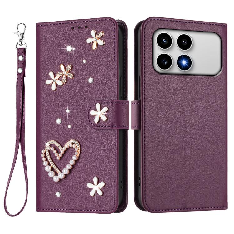 For Xiaomi Poco F8 Pro 5G / Redmi K90 ZS01 Double-Layer Heart Floral Vegan Leather Phone Case with Wrist Strap