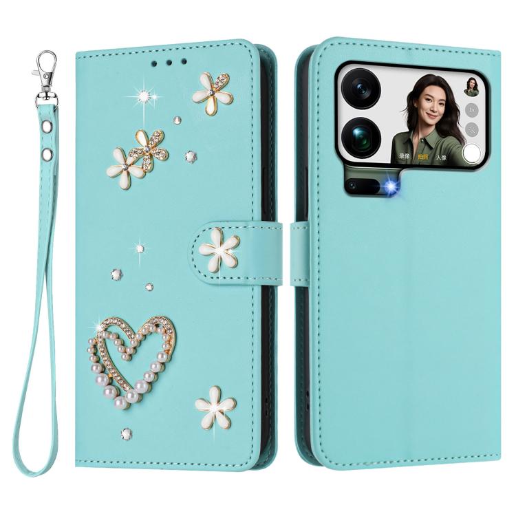 For Xiaomi 17 Pro Max 5G ZS01 Double-Layer Heart Floral Vegan Leather Phone Case with Wrist Strap