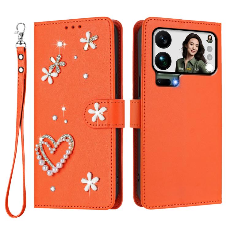 For Xiaomi 17 Pro Max 5G ZS01 Double-Layer Heart Floral Vegan Leather Phone Case with Wrist Strap