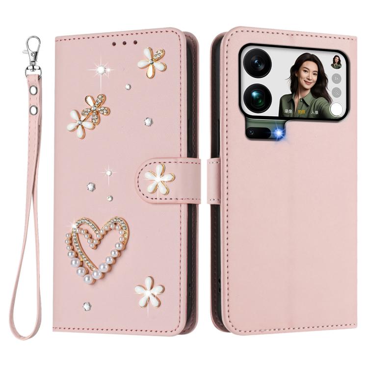 For Xiaomi 17 Pro Max 5G ZS01 Double-Layer Heart Floral Vegan Leather Phone Case with Wrist Strap