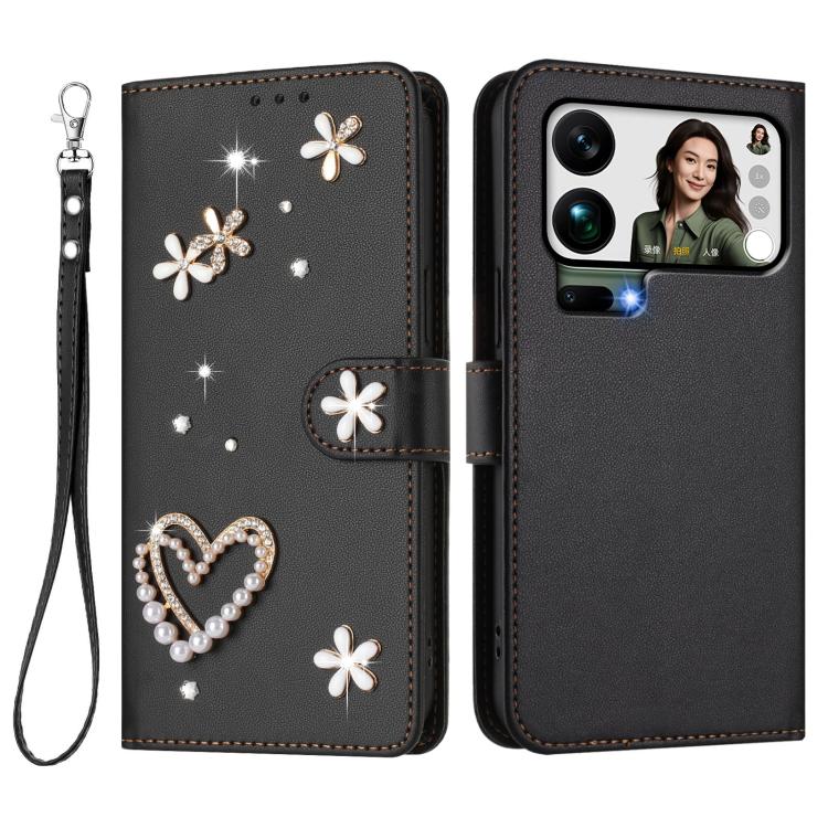 For Xiaomi 17 Pro Max 5G ZS01 Double-Layer Heart Floral Vegan Leather Phone Case with Wrist Strap