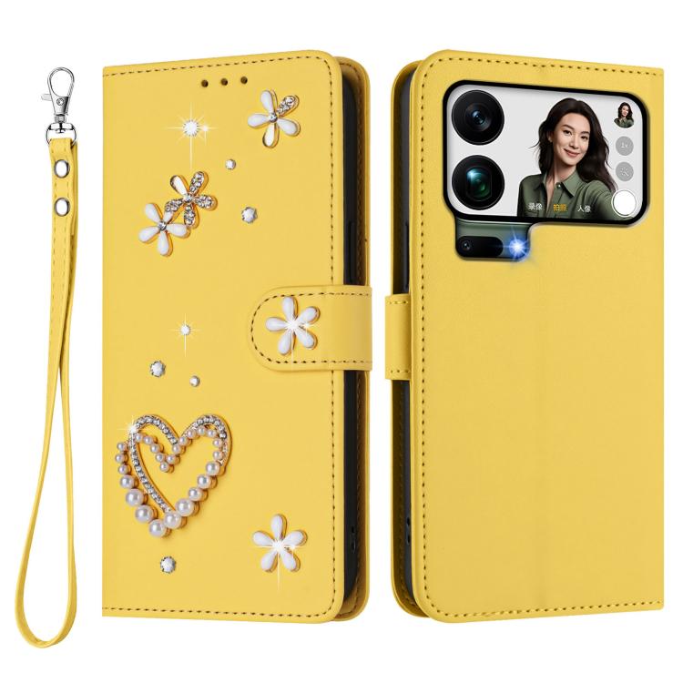 For Xiaomi 17 Pro Max 5G ZS01 Double-Layer Heart Floral Vegan Leather Phone Case with Wrist Strap