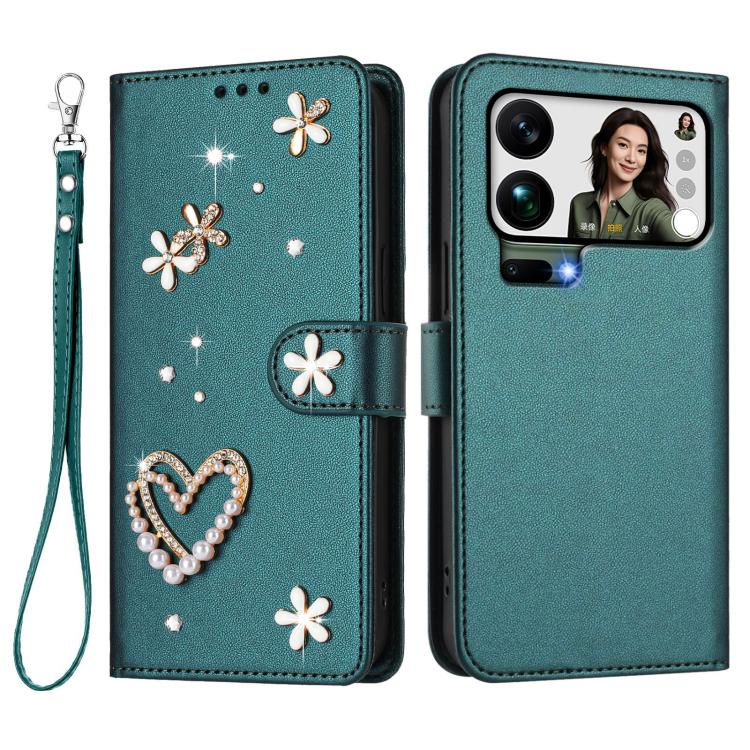 For Xiaomi 17 Pro Max 5G ZS01 Double-Layer Heart Floral Vegan Leather Phone Case with Wrist Strap