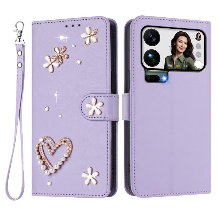 For Xiaomi 17 Pro Max 5G ZS01 Double-Layer Heart Floral Vegan Leather Phone Case with Wrist Strap