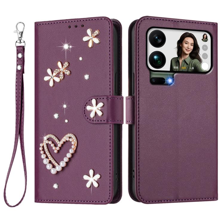 For Xiaomi 17 Pro Max 5G ZS01 Double-Layer Heart Floral Vegan Leather Phone Case with Wrist Strap
