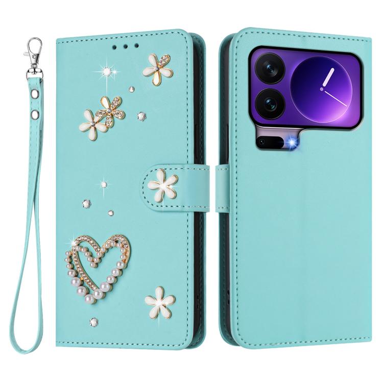 For Xiaomi 17 Pro 5G ZS01 Double-Layer Heart Floral Vegan Leather Phone Case with Wrist Strap