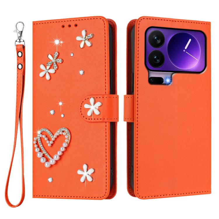 For Xiaomi 17 Pro 5G ZS01 Double-Layer Heart Floral Vegan Leather Phone Case with Wrist Strap