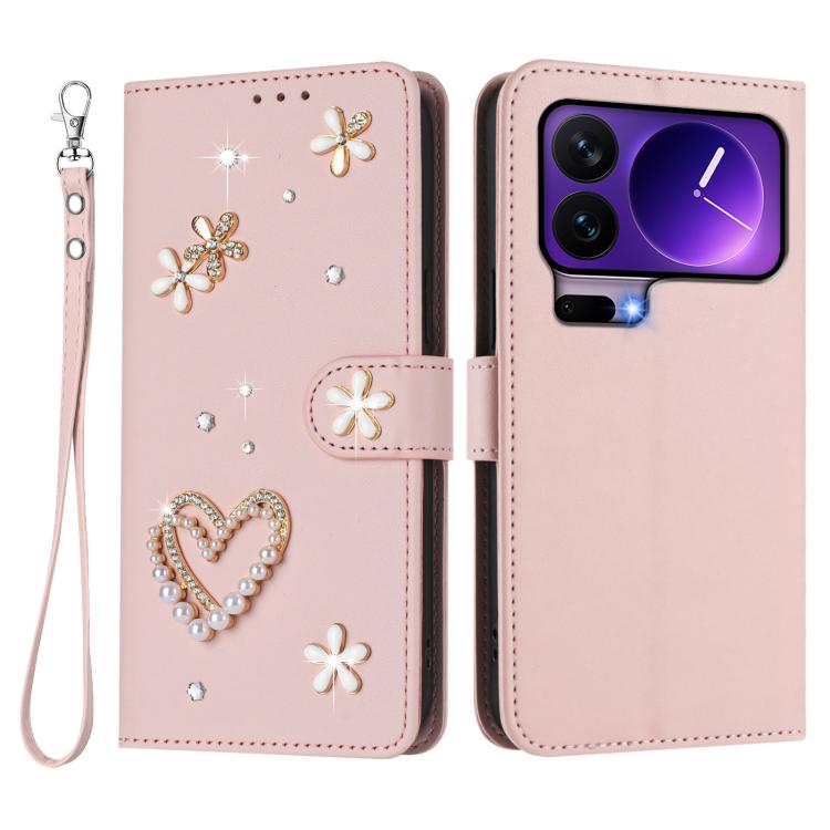 For Xiaomi 17 Pro 5G ZS01 Double-Layer Heart Floral Vegan Leather Phone Case with Wrist Strap
