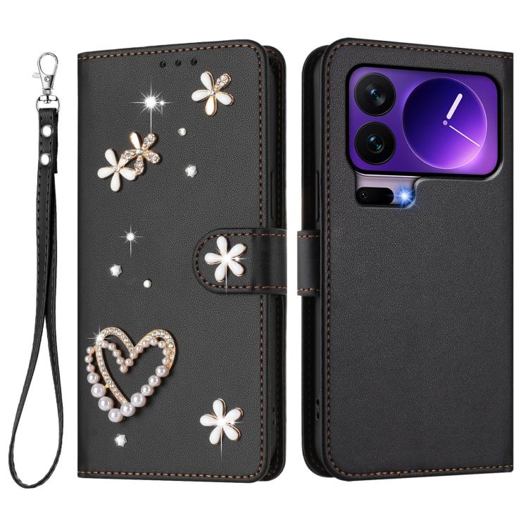 For Xiaomi 17 Pro 5G ZS01 Double-Layer Heart Floral Vegan Leather Phone Case with Wrist Strap