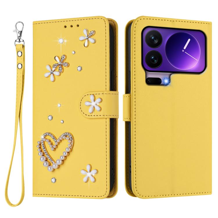 For Xiaomi 17 Pro 5G ZS01 Double-Layer Heart Floral Vegan Leather Phone Case with Wrist Strap