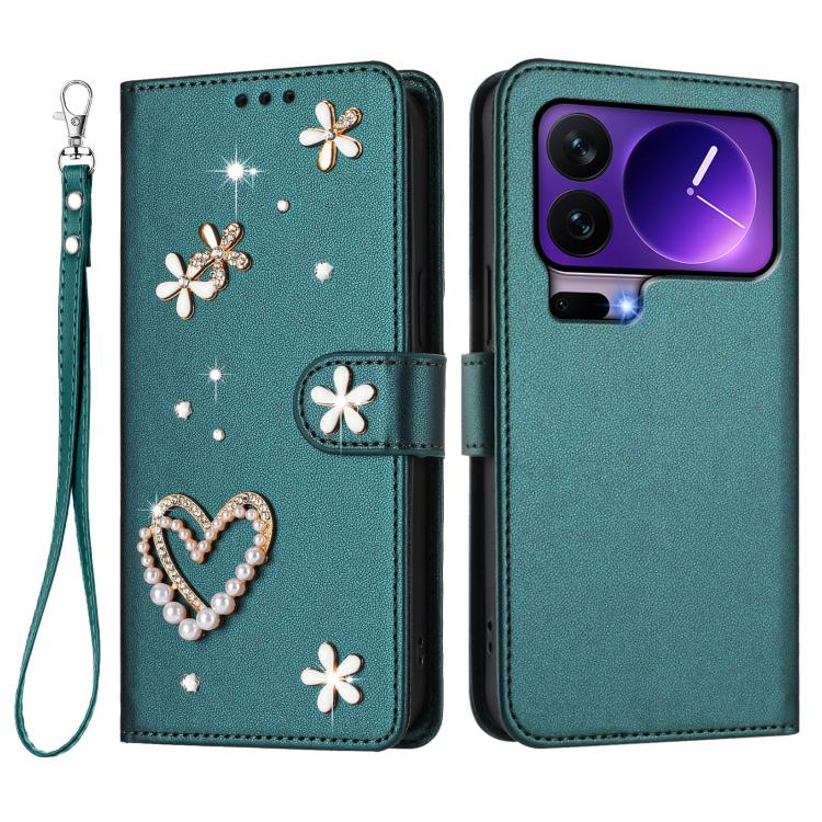 For Xiaomi 17 Pro 5G ZS01 Double-Layer Heart Floral Vegan Leather Phone Case with Wrist Strap