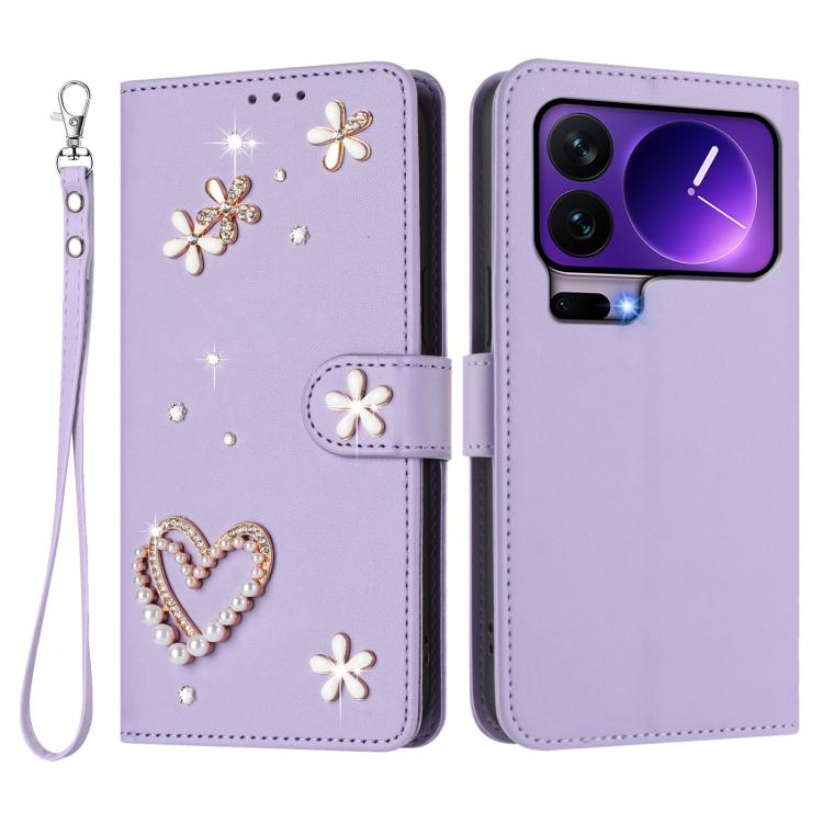 For Xiaomi 17 Pro 5G ZS01 Double-Layer Heart Floral Vegan Leather Phone Case with Wrist Strap