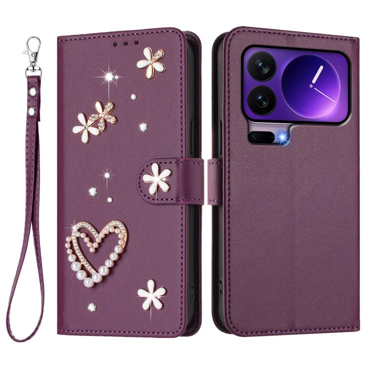 For Xiaomi 17 Pro 5G ZS01 Double-Layer Heart Floral Vegan Leather Phone Case with Wrist Strap