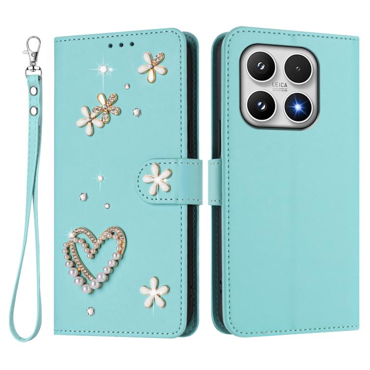 For Xiaomi 17 5G ZS01 Double-Layer Heart Floral Vegan Leather Phone Case with Wrist Strap