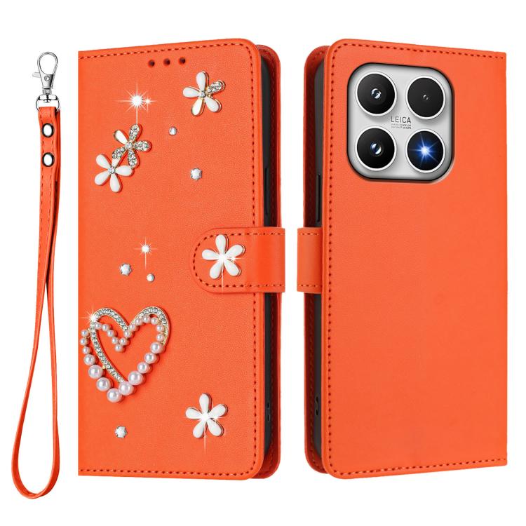 For Xiaomi 17 5G ZS01 Double-Layer Heart Floral Vegan Leather Phone Case with Wrist Strap