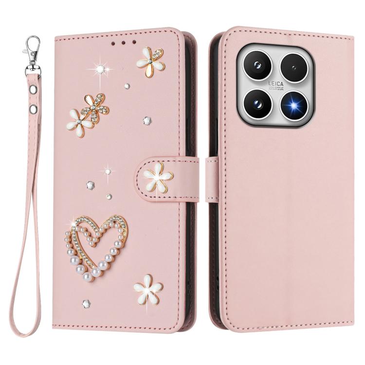 For Xiaomi 17 5G ZS01 Double-Layer Heart Floral Vegan Leather Phone Case with Wrist Strap