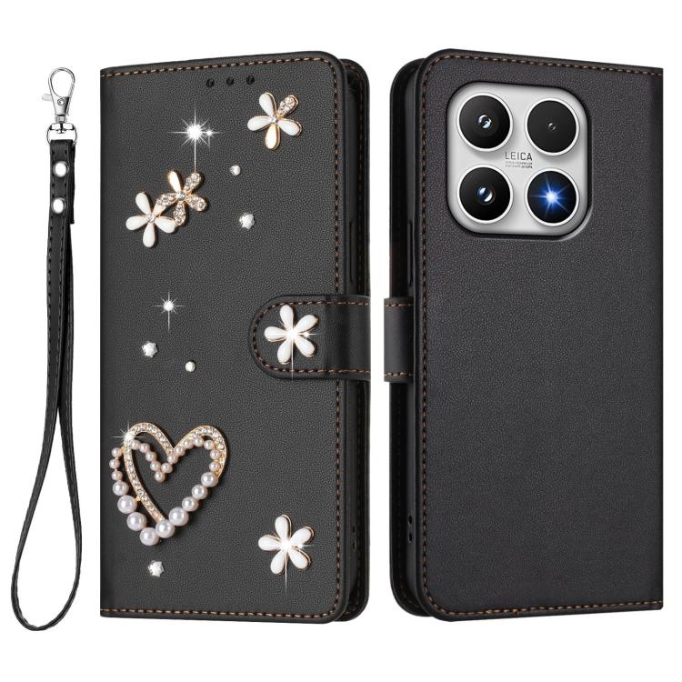 For Xiaomi 17 5G ZS01 Double-Layer Heart Floral Vegan Leather Phone Case with Wrist Strap