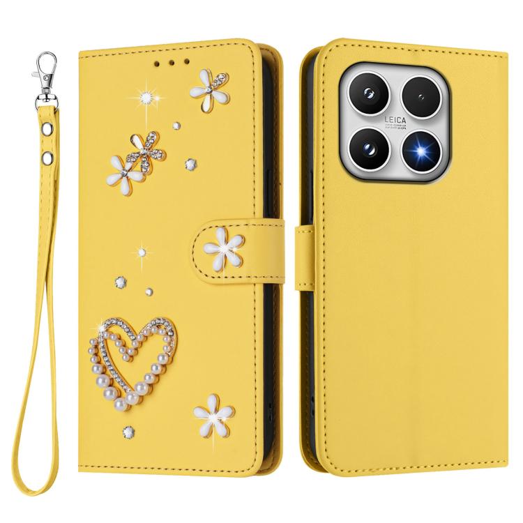 For Xiaomi 17 5G ZS01 Double-Layer Heart Floral Vegan Leather Phone Case with Wrist Strap