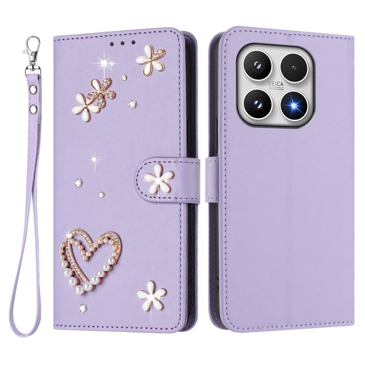 For Xiaomi 17 5G ZS01 Double-Layer Heart Floral Vegan Leather Phone Case with Wrist Strap