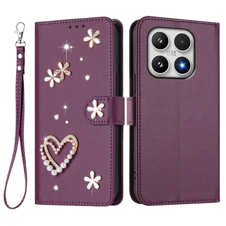 For Xiaomi 17 5G ZS01 Double-Layer Heart Floral Vegan Leather Phone Case with Wrist Strap