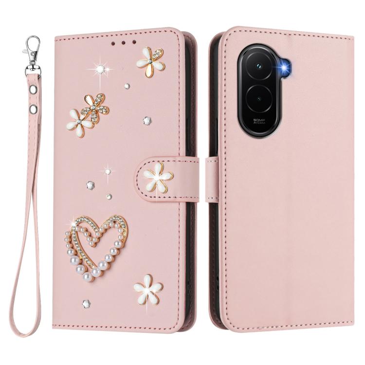 For Xiaomi Poco M7 4G 169mm ZS01 Double-Layer Heart Floral Vegan Leather Phone Case with Wrist Strap