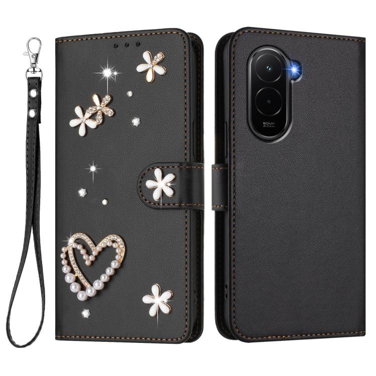 For Xiaomi Poco M7 4G 169mm ZS01 Double-Layer Heart Floral Vegan Leather Phone Case with Wrist Strap