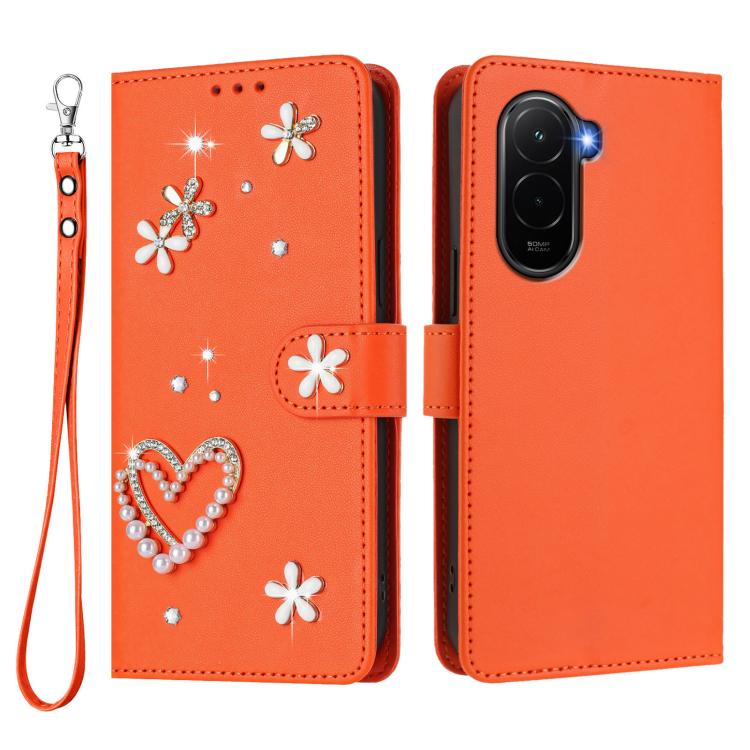For Xiaomi Poco M7 4G 171mm ZS01 Double-Layer Heart Floral Vegan Leather Phone Case with Wrist Strap