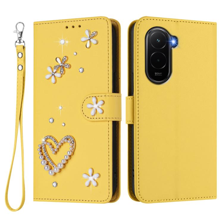 For Xiaomi Poco M7 4G 171mm ZS01 Double-Layer Heart Floral Vegan Leather Phone Case with Wrist Strap
