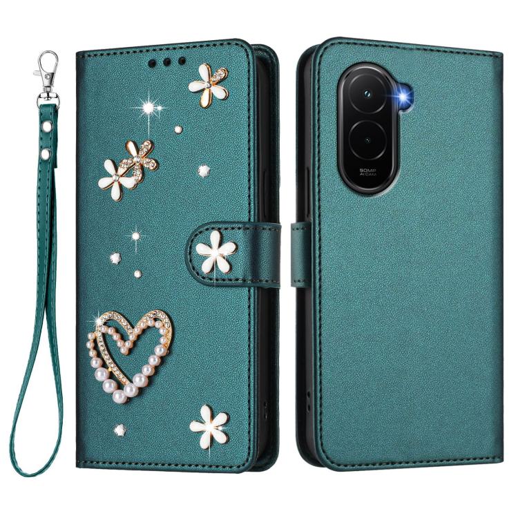For Xiaomi Poco M7 4G 171mm ZS01 Double-Layer Heart Floral Vegan Leather Phone Case with Wrist Strap