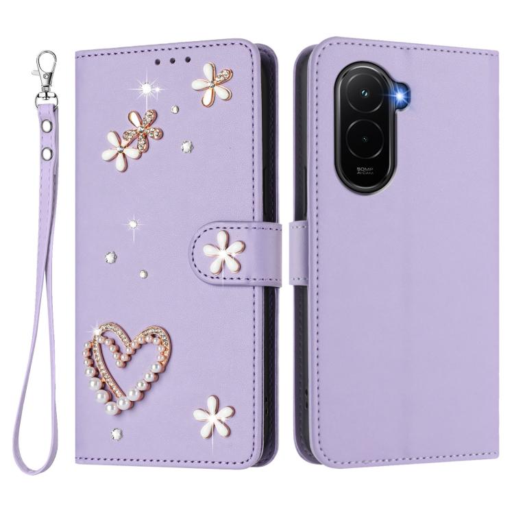 For Xiaomi Poco M7 4G 171mm ZS01 Double-Layer Heart Floral Vegan Leather Phone Case with Wrist Strap