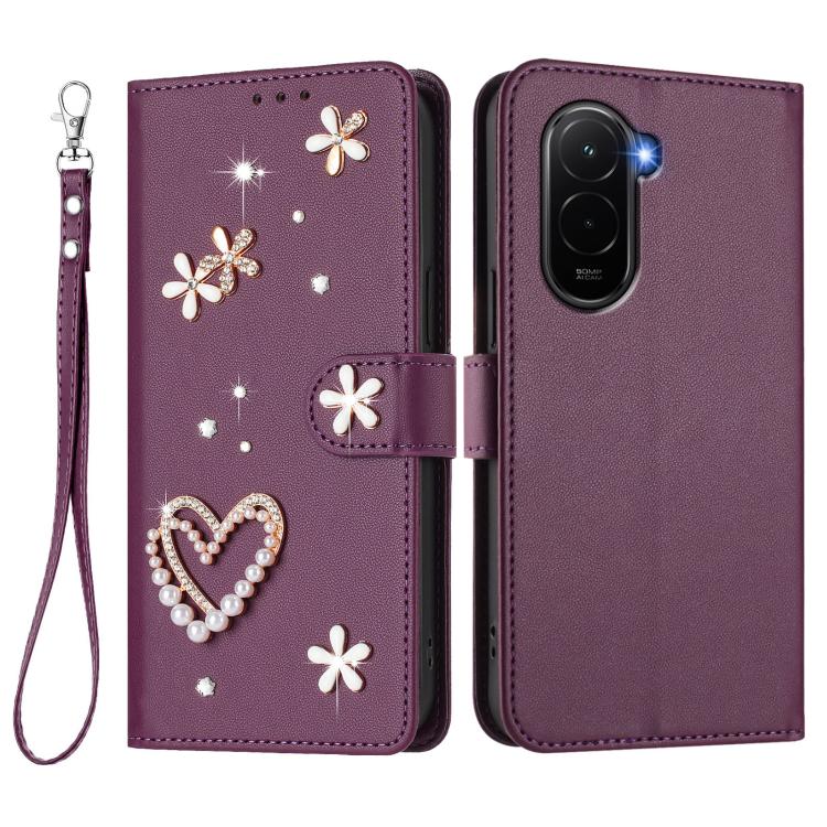 For Xiaomi Poco M7 4G 171mm ZS01 Double-Layer Heart Floral Vegan Leather Phone Case with Wrist Strap