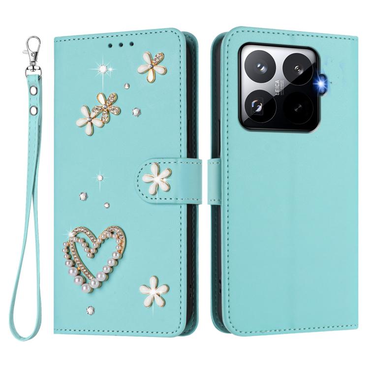 For Xiaomi 15T Pro 5G ZS01 Double-Layer Heart Floral Vegan Leather Phone Case with Wrist Strap
