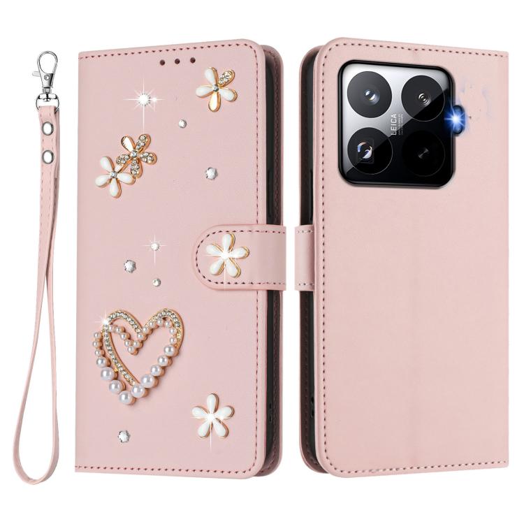 For Xiaomi 15T Pro 5G ZS01 Double-Layer Heart Floral Vegan Leather Phone Case with Wrist Strap