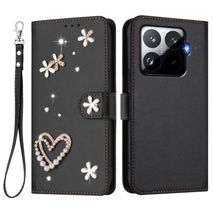 For Xiaomi 15T Pro 5G ZS01 Double-Layer Heart Floral Vegan Leather Phone Case with Wrist Strap