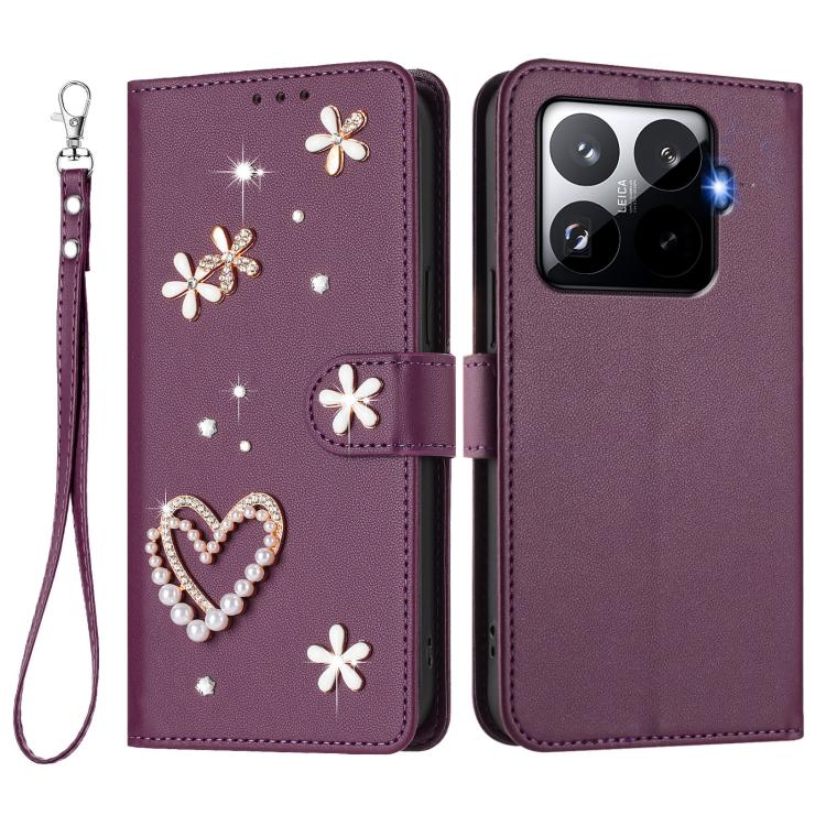 For Xiaomi 15T Pro 5G ZS01 Double-Layer Heart Floral Vegan Leather Phone Case with Wrist Strap