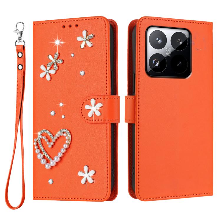 For Xiaomi 15T 5G ZS01 Double-Layer Heart Floral Vegan Leather Phone Case with Wrist Strap