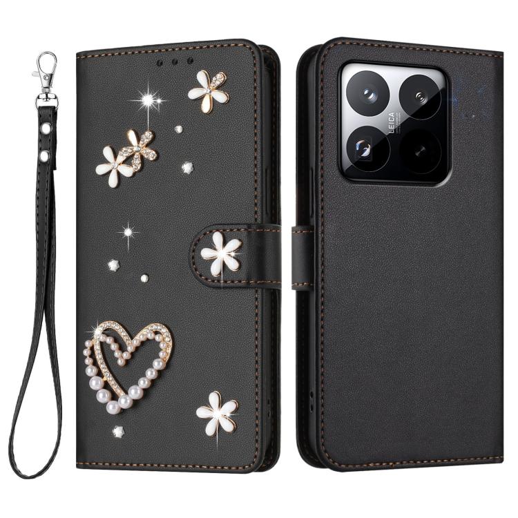 For Xiaomi 15T 5G ZS01 Double-Layer Heart Floral Vegan Leather Phone Case with Wrist Strap
