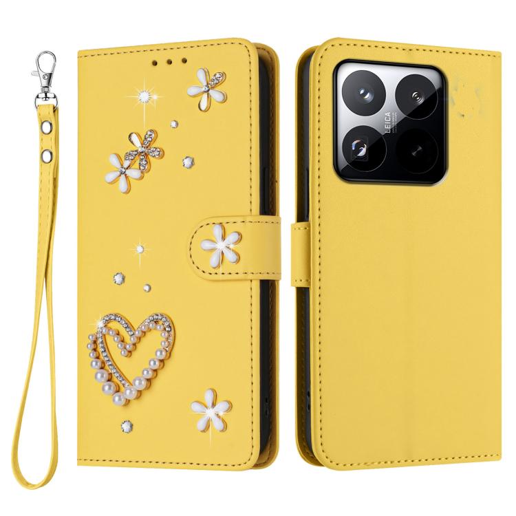 For Xiaomi 15T 5G ZS01 Double-Layer Heart Floral Vegan Leather Phone Case with Wrist Strap