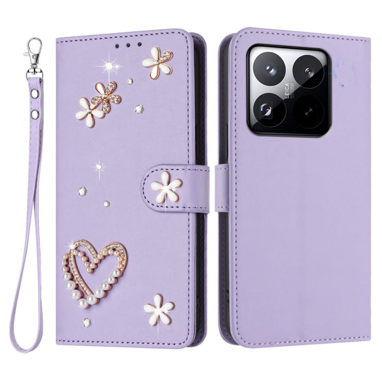 For Xiaomi 15T 5G ZS01 Double-Layer Heart Floral Vegan Leather Phone Case with Wrist Strap