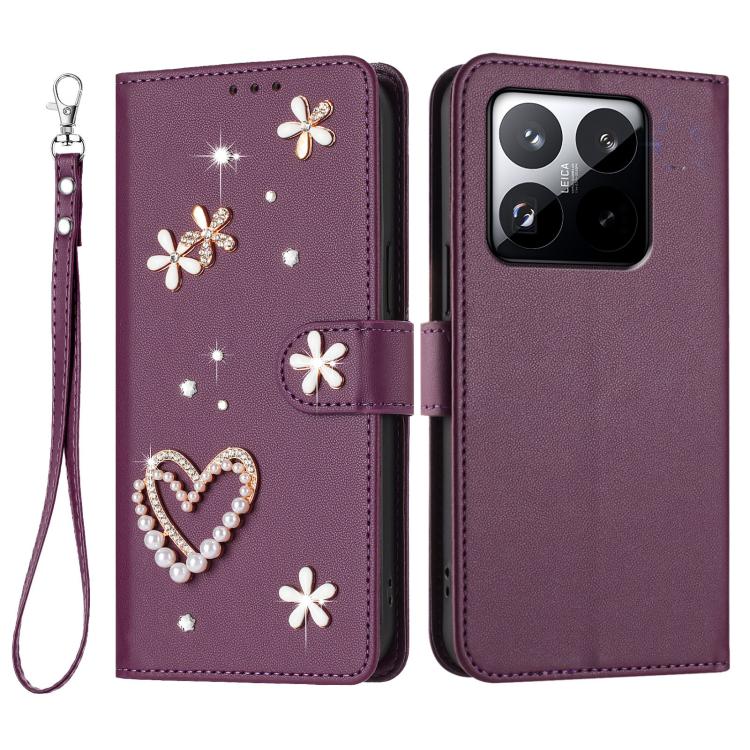 For Xiaomi 15T 5G ZS01 Double-Layer Heart Floral Vegan Leather Phone Case with Wrist Strap