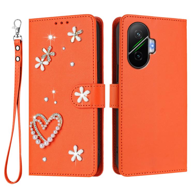 For Xiaomi Poco F7 5G / Redmi Turbo 4 Pro ZS01 Double-Layer Heart Floral Vegan Leather Phone Case with Wrist Strap