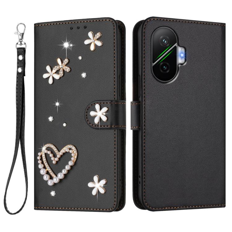 For Xiaomi Poco F7 5G / Redmi Turbo 4 Pro ZS01 Double-Layer Heart Floral Vegan Leather Phone Case with Wrist Strap