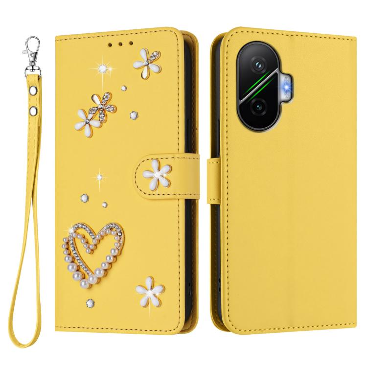 For Xiaomi Poco F7 5G / Redmi Turbo 4 Pro ZS01 Double-Layer Heart Floral Vegan Leather Phone Case with Wrist Strap