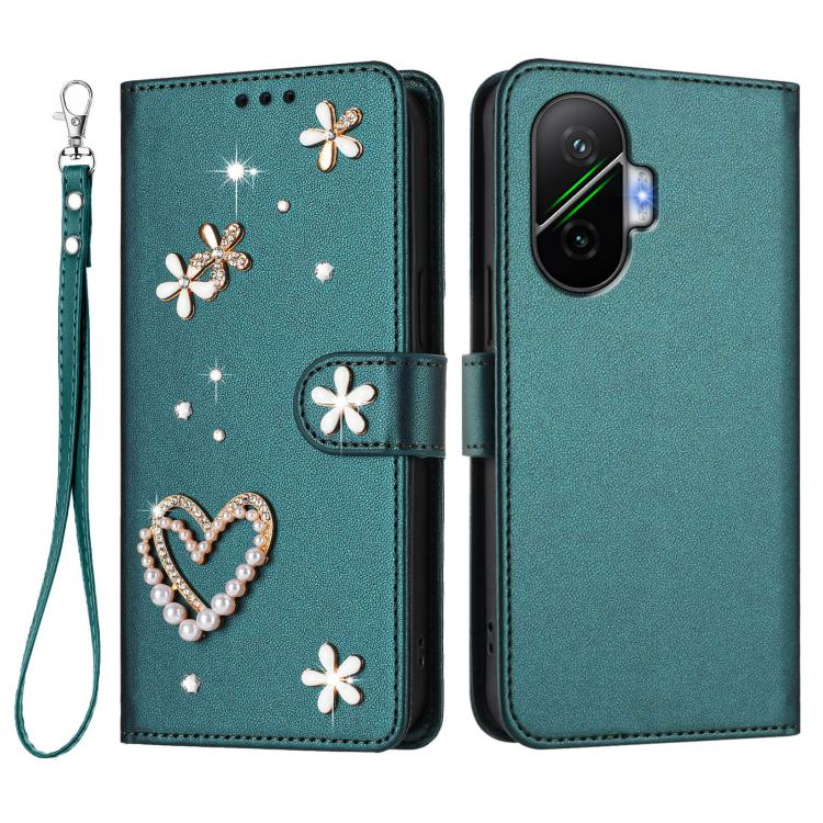 For Xiaomi Poco F7 5G / Redmi Turbo 4 Pro ZS01 Double-Layer Heart Floral Vegan Leather Phone Case with Wrist Strap
