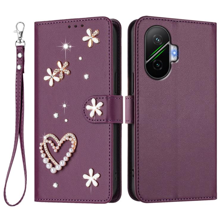 For Xiaomi Poco F7 5G / Redmi Turbo 4 Pro ZS01 Double-Layer Heart Floral Vegan Leather Phone Case with Wrist Strap